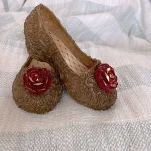 Disney Princess Belle gold slippers with red rose